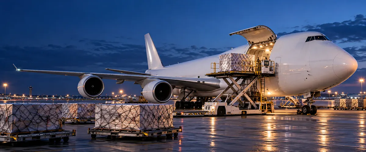Illustrative image of a cargo aircraft and a high-loader with palletized freight at an airport.