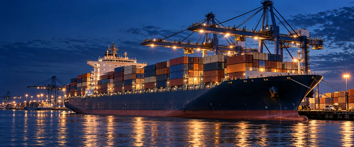 Illustrative image of a container ship and gantry cranes at a cargo terminal at blue hour.